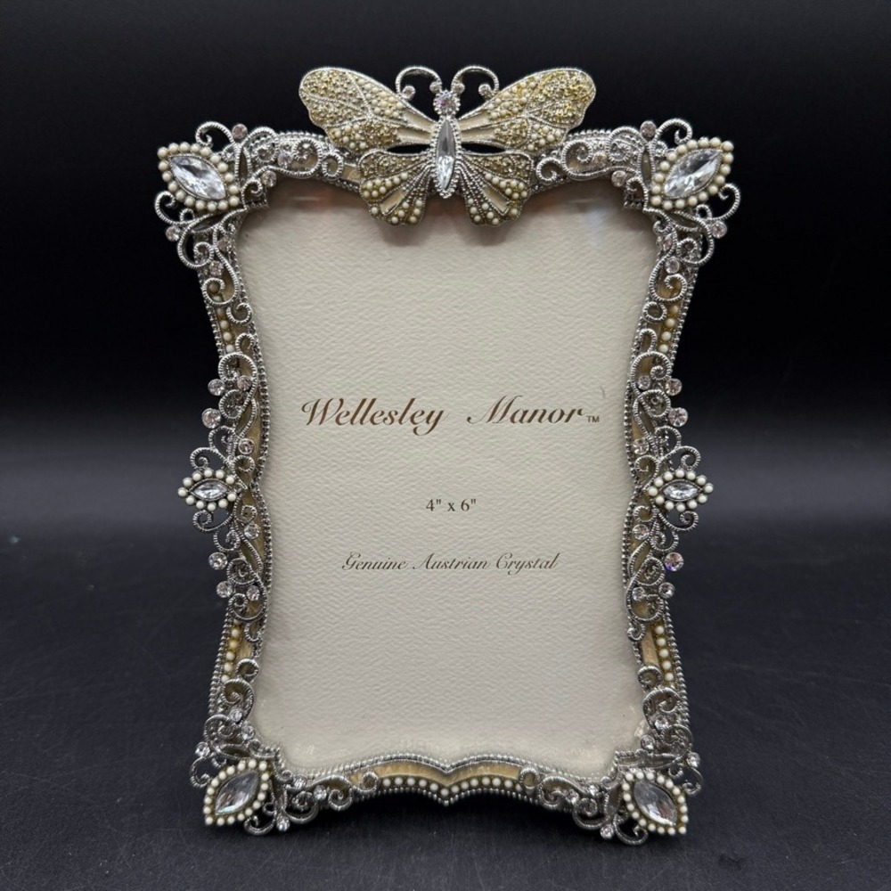 Vintage Wellesley Manor Butterfly Picture Frame 4x6 Jeweled Crystal Silver Boho